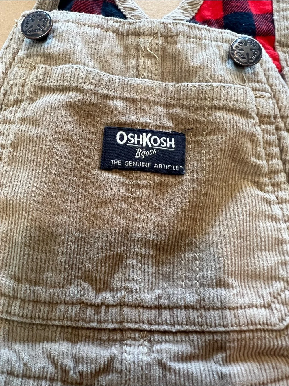 OshKosh B'gosh Tan Corduroy Overalls with Red Plaid Lining 18M